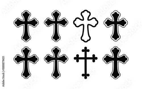 Elegant heraldic and orthodox style christian cross icons with decorative outlines for religious emblems