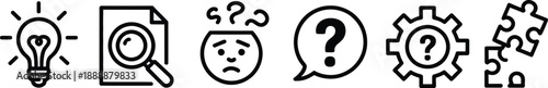 Line art icons representing problem solving and creativity with lightbulb, gears and puzzle pieces