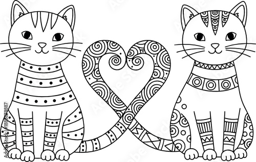 Black and white cute cat couple vector with heart tails, decorative patterns, love theme, line art coloring illustration
