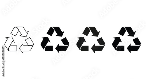 Four variations of the universal recycling symbol are displayed showing progression in design and style