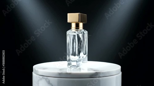 Elegant Perfume Bottle on Marble Pedestal with Dramatic Lighting.