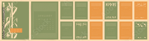 2027 Bamboo Calendar template design. Week starts on Sunday. Botanical wall calendar in vintage minimal style. English vector monthly pages layout.
