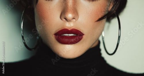 a beautiful woman with dark red lipstick wearing a black long-sleeved top posing for a cosmetic commercial, large silver hoop earrings