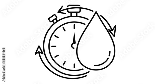 A minimalist black and white illustration depicts a stopwatch with a large water droplet overlaying it