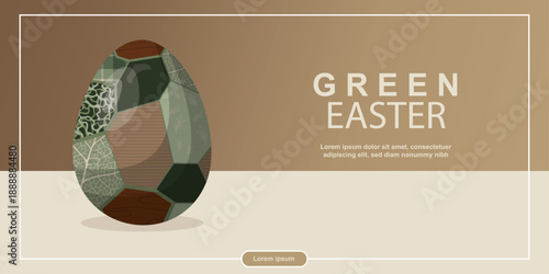 Patchwork Easter egg in earthy green and brown tones. Perfect for eco-friendly holiday greetings, banners, or seasonal designs. Green easter holidays. Flat design. Eco easter. Vector illustration