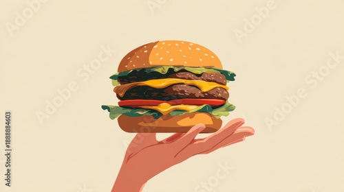 hand holding a fresh cheeseburger, minimalistic studio background, correct anatomy