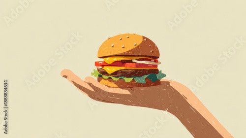 hand holding a fresh cheeseburger, minimalistic studio background, correct anatomy