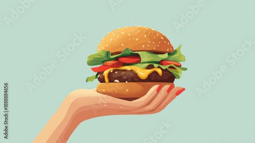 hand holding a fresh cheeseburger, minimalistic studio background, correct anatomy