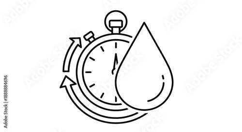 A simple black and white line drawing depicts a stopwatch with a water droplet overlaying it
