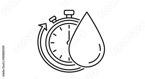 A simple black and white line drawing depicts a stopwatch with a water droplet overlaying it