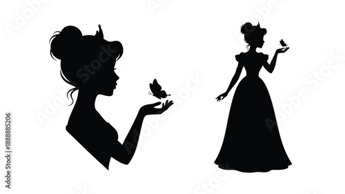 Two elegant women in profile a butterfly nearby black silhouette