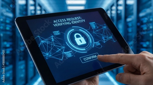 User confirming secure access request on digital tablet, cybersecurity authentication approval, encrypted login verification, and protected system access concept