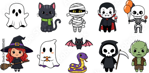 Cute Halloween character collection vector with ghost, witch, vampire, mummy, skeleton, monster, bat, and spooky cartoon creatures