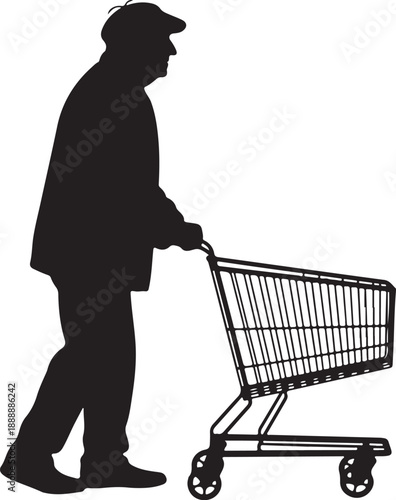 Senior adult male silhouette pushing shopping cart, retail consumer vector.