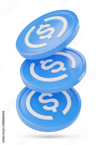 Three USDC coin isolated on white background. 3d iluustration.