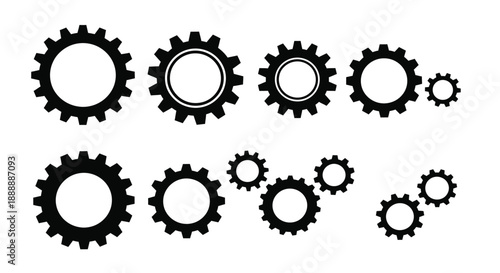 An arrangement of various sized black gears depicted in a simple illustrative and technical style