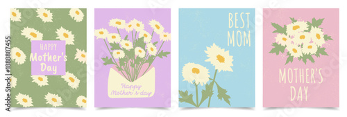 Hand drawn set of cutest posters or cards for Mother's day with Flowers, bouquet and Texture. Handwritten Vector Floral vertical templates for Mother's day