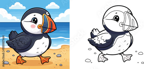 Happy cute cartoon puffin bird walking on sandy beach near blue sea ocean under sunny sky vector illustration.