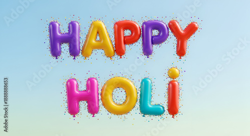 Holi balloon typography with colorful 3D letters and festive confetti background for celebration greeting banner and creative social media marketing illustration