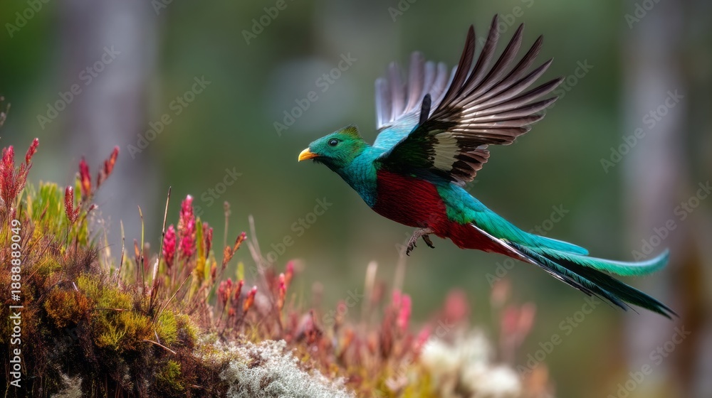 Obraz premium Radiant green and red feathers shine as the bird soars above vibrant blossoms in a tranquil forest setting. The serene morning light enhances the beauty of nature's palette
