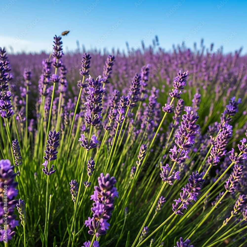 Obraz premium A bee flies over a vibrant lavender field on a sunny day with purple flowers swaying in the breeze