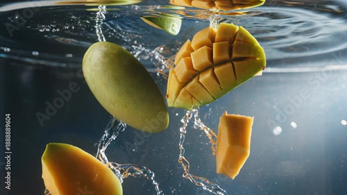 Fresh Ripe Mango Slices Dropping Into Clear Water With Splash And Bubbles Slow Motion Tropical Fruit