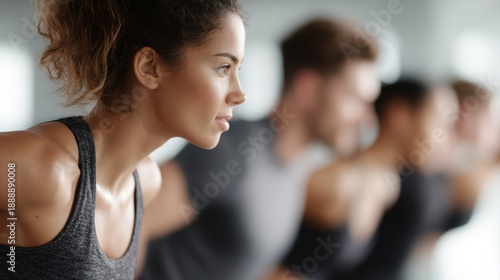 group of sportive people exercising together in fitness club gym, active lifestyle concept