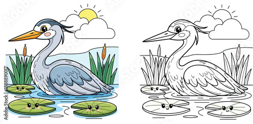 Cute cartoon heron bird swimming in pond with smiling lily pads vector illustration. Happy grey crane sitting in water with reeds, sun and clouds in nature.