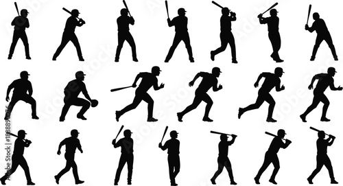 Black Silhouette Set of Professional Baseball Players Including Batting Stance Running and Pitching Poses Isolated on White Background for Sports Graphic Design Elements Vector