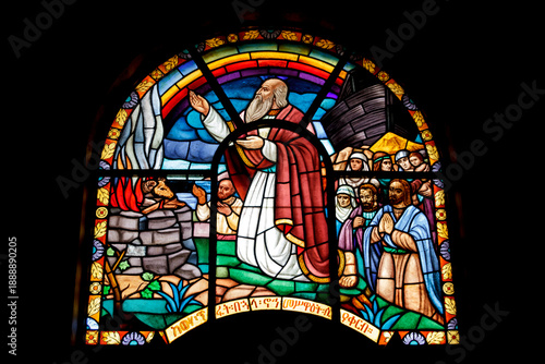 Stained Glass Window of Noah’s Sacrifice and the Rainbow Covenant