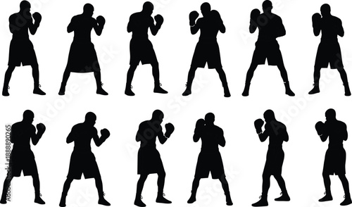 Black Silhouette Set of Professional Male Boxer in Various Fighting Stances and Boxing Guards Isolated on White Background for Sports Graphic Design Elements Vector