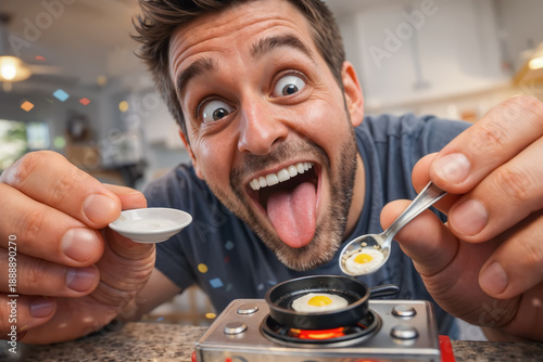 Cartoon of a smiling and expressive young man preparing tiny fried eggs in a mini pan on a small stove, showing humor, creativity, and fun in the home kitchen. Funny man cooking fried eggs in a miniat