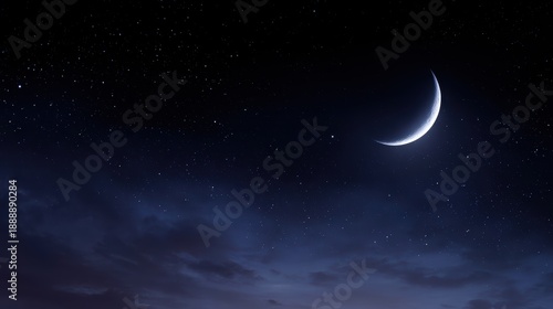 Night sky with crescent moon and stars, islamic holy month