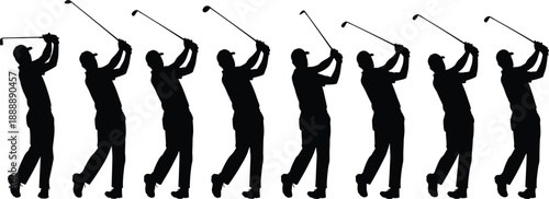Black Silhouette Set of Professional Male Golfer Performing Full Swing Motion and Follow Through Isolated on White Background for Sports Graphic Design Vector