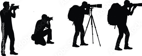 Black Silhouette Set of Professional Photographers Using DSLR Cameras with Tripod and Backpack Isolated on White Background for Photography and Media Graphic Design Vector