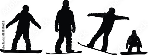 Black Silhouette Set of Professional Snowboarders Standing and Riding in Winter Outdoor Gear Isolated on White Background for Extreme Sports Graphic Design Elements Vector