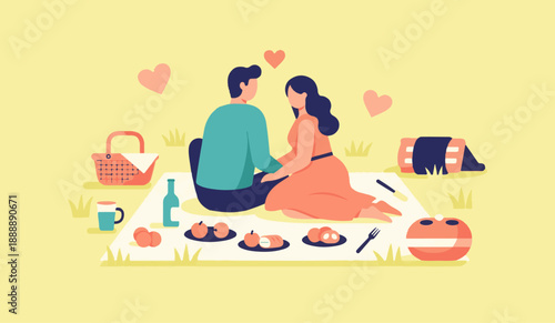 Flat illustration of a romantic couple having a picnic together in a park