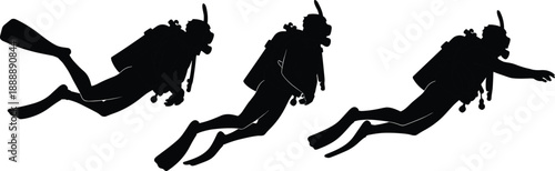 Black Silhouette Set of Professional Scuba Divers Swimming Underwater with Full Diving Gear and Oxygen Tanks Isolated on White Background for Ocean Sports Vector