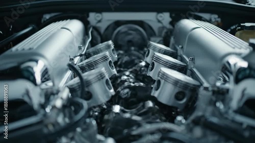 Close-up of a V12 engine's internal moving parts with a rack focus transition