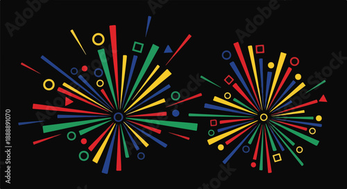 Colorful abstract geometric explosions and bursts of shapes on a black background