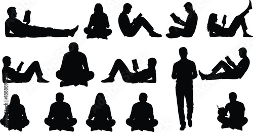 Black Silhouette Set of Diverse People Reading Books and Sitting in Relaxed Poses Isolated on White Background for Education and Lifestyle Graphic Design Vector
