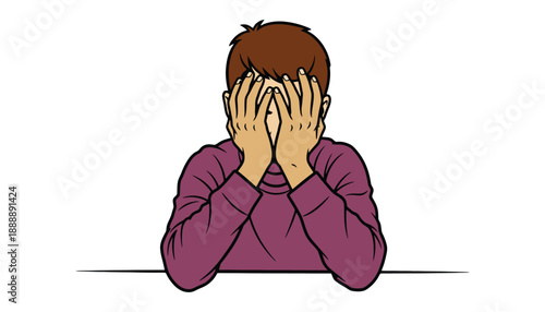 A cartoon boy covering his face with his hands in a gesture of embarrassment or shame