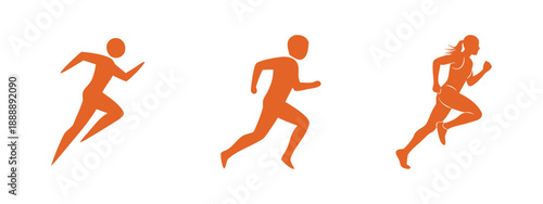 Running Athlete Silhouette Set, Orange Sprinter, Jogger, and Marathon Runner Icons