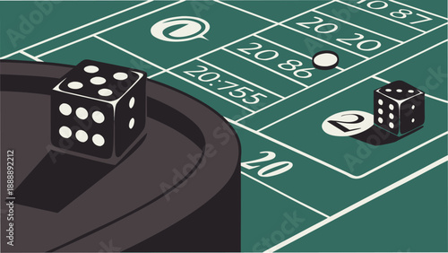 Casino game table with dice and ball on green felt surface