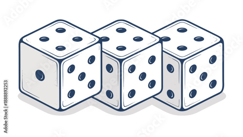 Three white dice with dark blue dots for games or chance