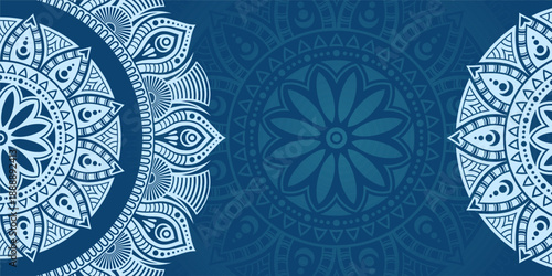 Horizontal color vector mandala banner. Decorative flower mandala on turquoise background. Luxury mandala color vector background. Arabic, islamic east style. Vector color illustration.