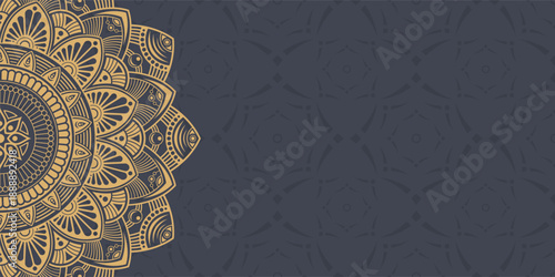 Horizontal golden mandala banner. Decorative golden color flower mandala background with place for text. Color abstract graphics. Arabic or islamic east style. Vector color illustration.