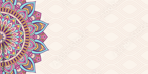 Horizontal color vector mandala banner. Decorative flower mandala background with place for text. Colorful abstract graphics. Arabic, islamic east style. Vector color illustration.