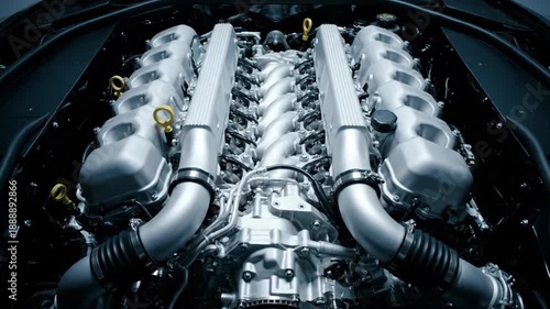 Pristine V12 Engine Assembly in Showroom Lighting, Centered Overhead View
