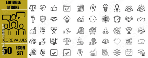 Core Values Outline Icon Set – Editable Stroke Line Icons for Innovation, Goals, Responsibility, Reliability, Integrity, Commitment, Quality, Teamwork, Inclusion and Corporate Ethics Symbols Vector Il